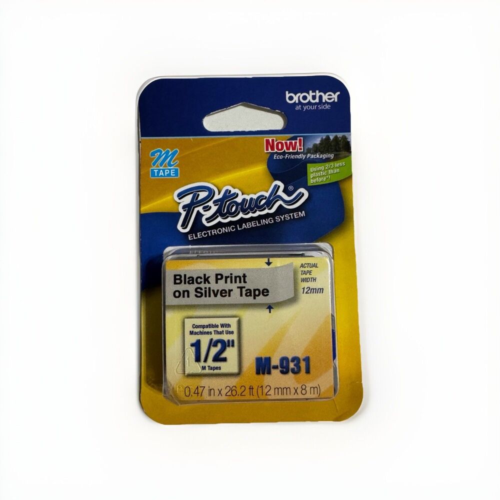 Brother P-Touch M-931 Label M-Tape 1/2 inch 12 mm Black Print on Silver Genuine